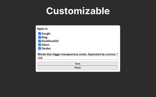 Extension has customization menu for changing which sites will be affected and what word triggers extension to remove fake PNGs