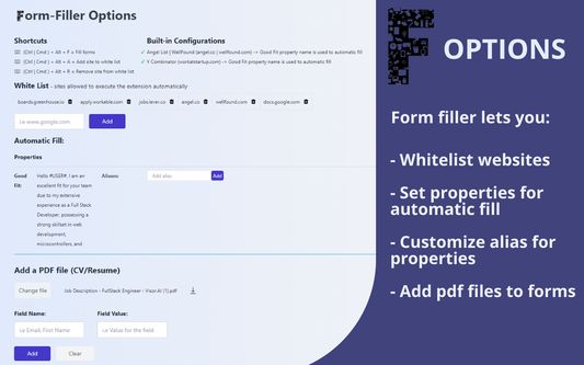 Options page for customizing your inputs