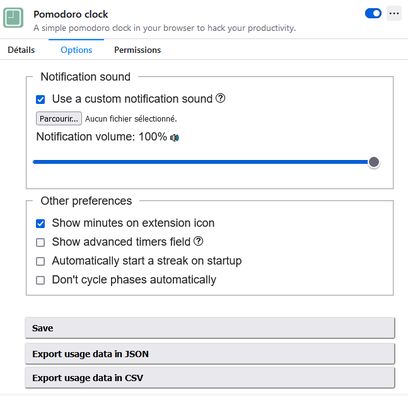 In the options pages, you can set some more advanced settings : select a custom sound, set the volume, are enable/disable the display of remaining minutes.