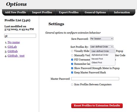 options page for settings, sort methods, and search function