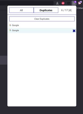 The DUPLICATES section lists all tabs found with the same title in the current window. Use the Clear Duplicates button to close all extra copies of duplicate tabs.