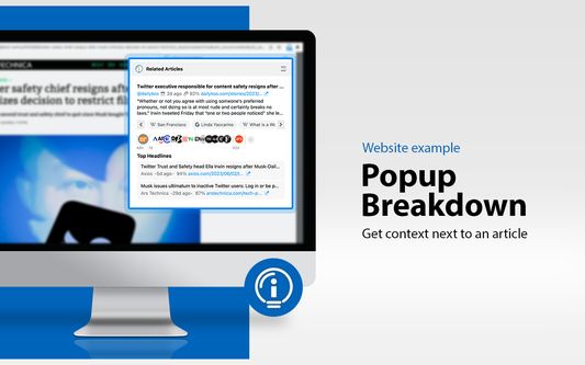 Popup with related articles and relevant keywords.