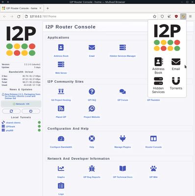 I2P router is running and here's the router console page.