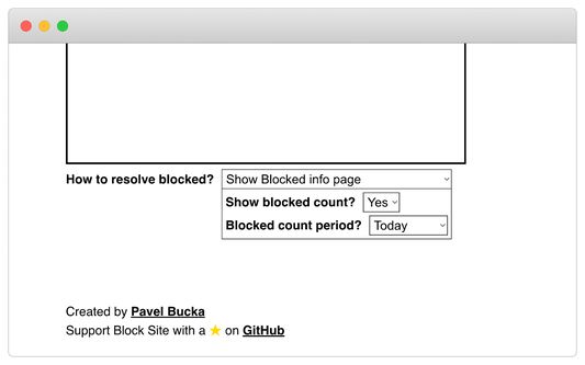 Options page. You can specify how to resolve blocked site:
a) Close Tab
b) Show Blocked info page