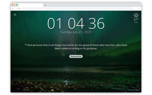 New tab page showing Romans 8:28.