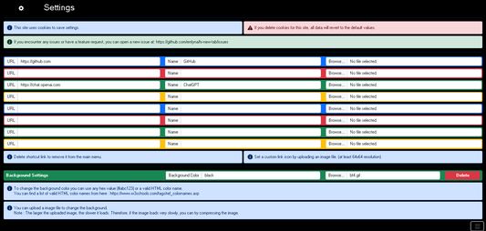 Settings page