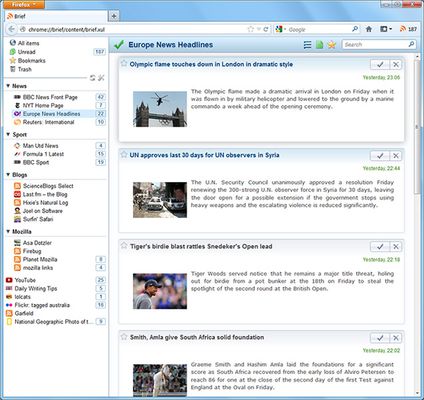 Brief displays on a seamless page. Unread items are highlighted and there are buttons on each item to mark it as read, bookmark it, or delete it.