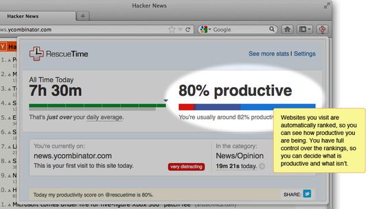 Your productivity score is calculated from the amount of time you spend on sites marked 'productive' or 'distracting'. You can change the default rankings for websites to better suit your needs.