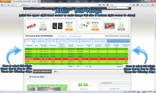 What a Quibids Auction Looks Like After Installing Bid-Ninja, showing the 