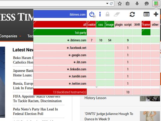 Point and click to allow/block narrow or broad classes of network requests. Click the 