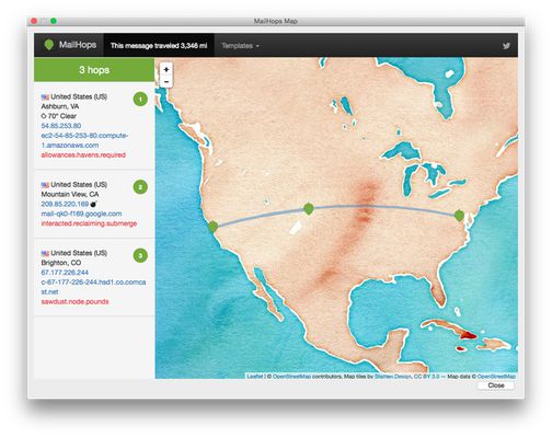 When you click on the sender location, MailHops will show a mail route map.