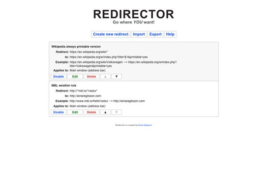 The UI for editing redirects.