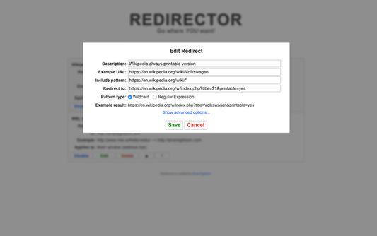 The Edit redirect form.