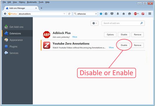 To Disable or Enable the Extension. Goto  > Tools Menu > Options > Extensions > Select Youtube Zero Annotations > Click on 