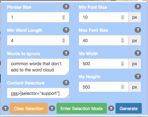 control panel with lots of options to configure the word cloud