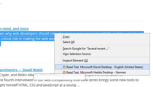 mark some text , rightclick and choose to read with your selected voices
