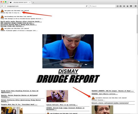 Tags links to fake news sites. Click the turd pile to follow the fake news anyway.