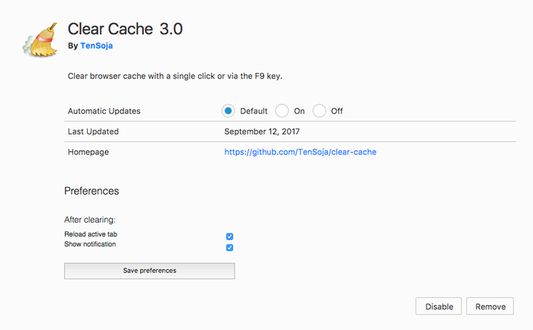 Preferences panel with option to display notification and reload the page after clearing the cache.