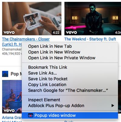 Mouse right click on video link to pop-up video window