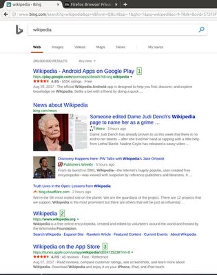 Bing Search with search numbers. Press the number to go to the respective entry.
