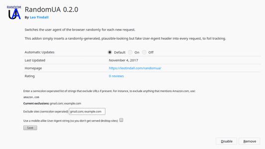 The configuration panel, which allows setting excluded URLs and selecting mobile or desktop UA strings.