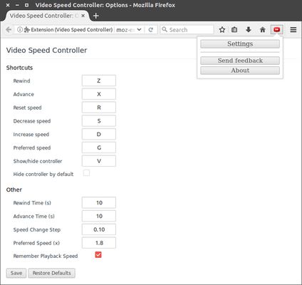 VideoSpeed Settings Page