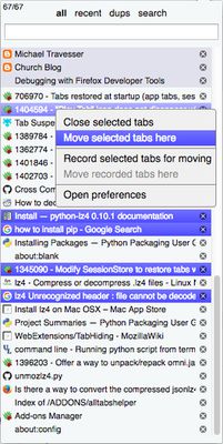 Moving tabs using context menu.  Select tabs by ctrl/cmd/shift + click, place cursor over target point, then click 