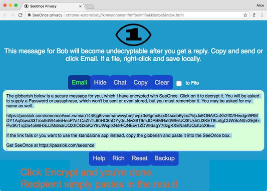 The message is encrypted and copied to clipboard, ready to send. The recipient only needs to paste it into SeeOnce, and it will decrypt.
Only once, though. After a successful decryption, messages cannot be decrypted again because the key that decrypts it no longer exists.