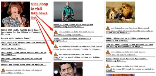 Tags links to fake news sites. Click the turd pile to follow the fake news anyway.