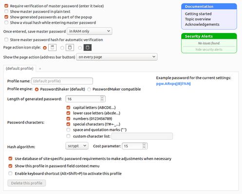 Settings page showing the default settings