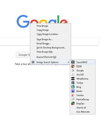 Right click context menu options for images allow easy access to an arbitrary number of reverse image search engines and other similar sites. Icons for each of the context menu options can be enabled, disabled, or modified independently.