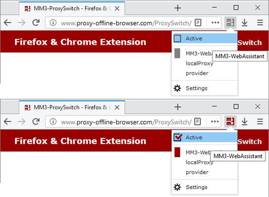 With one click on the MM3 symbol you switch between the direct connection to the internet and a proxy configuration.