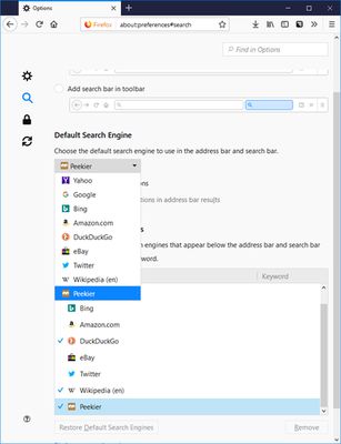 Add-on adds Peekier as an option for default search engine