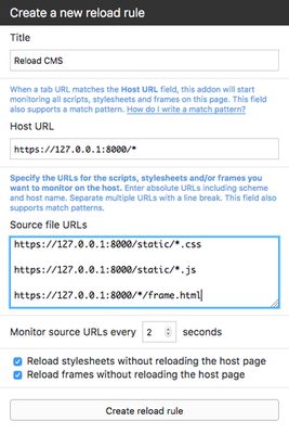 This is the form to create or update a reload rule.