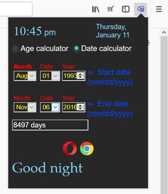 Can calculate number of days in between 2 dates.