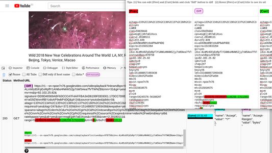 Diff collected HTTP URL in real-time. It will diff current URL with previous CLOSEST MATCH url. As you can see in the screenshot, it will get the closest variant to diff video only with video, instead of video with audio in YouTube.