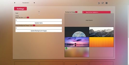 Update Current Items per row and stored background image count. Ability to view and change currently selected background image.