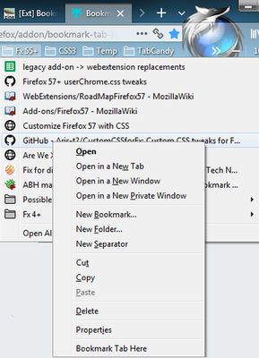 Inserts bookmark of current tab just below selected menu item. Note the 