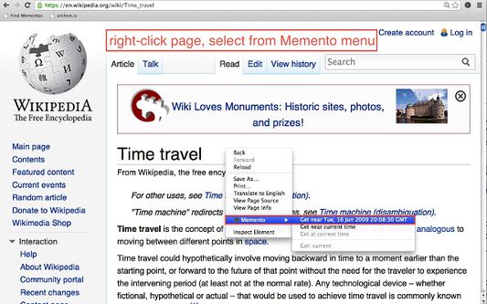 Right-click page and select from Memento menu.