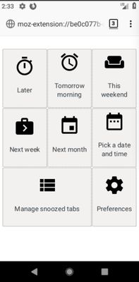 Snooze tabs Pop-up page on android with all available options. This page can be obtained by clicking on three dots > Snooze