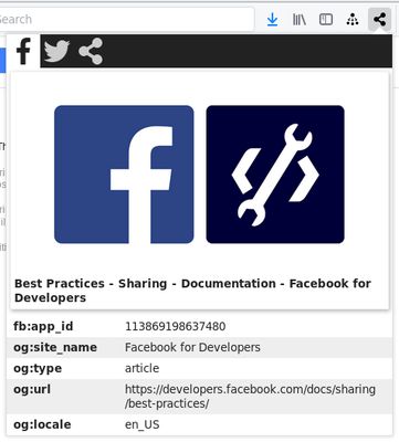 The popup from this addon showing the meta tags and embedded image for a site. The site is the Facebook documentation on marking up web pages for sharing.