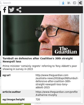 The popup from this addon showing the meta tags and embedded image for a site. The site is a Guardian article about the Australian government.