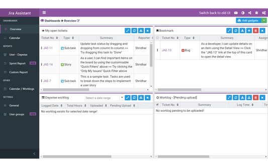 Dashboard which displays open tickets assigned to you, bookmarked tickets, Worklogs added on daily basis and shortage if any, Worklogs pending to be uploaded. Optionally display few more grid based on users settings. You can customize it by adding or removing gadgets