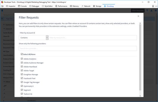 Omnibug allows you to filter requests based on the account, certain providers, or both.