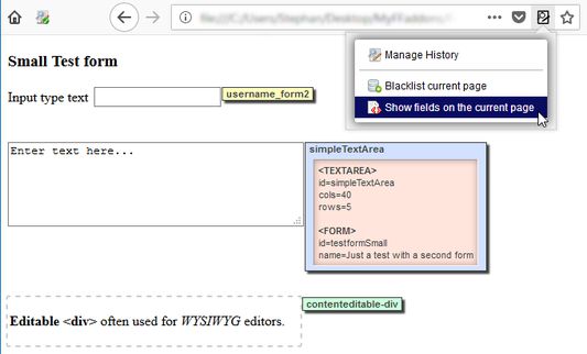 Use the Show fields option to discover all form fields displayed on the current page and see the details of each field.