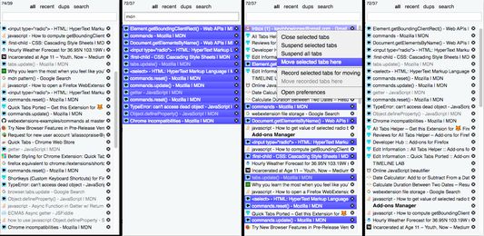 Group like tabs together:
1)  Scattered MDN tabs I want to group
2)  Filter for 