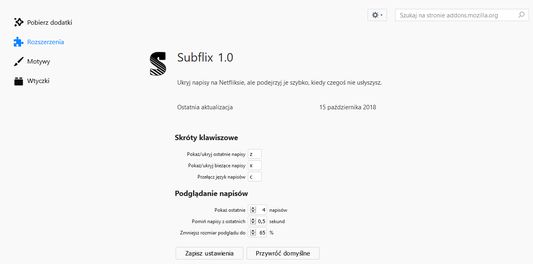 Settings page — customize: extension's keyboard shortcuts; number of displayed subtitles you can peek; the time period after which the subtitle can be peeked; font size of the peeked subtitles.