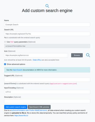 Advanced options such as: POST parameters, Suggest URL, Input Encoding or Description. Can also show a preview of the OpenSearch XML.