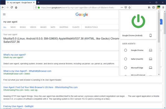 Click the icon to switch your browser's user agent identity