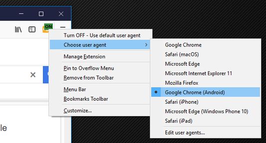 Right clicking on the icon similarly allows switching your browser's user agent identity